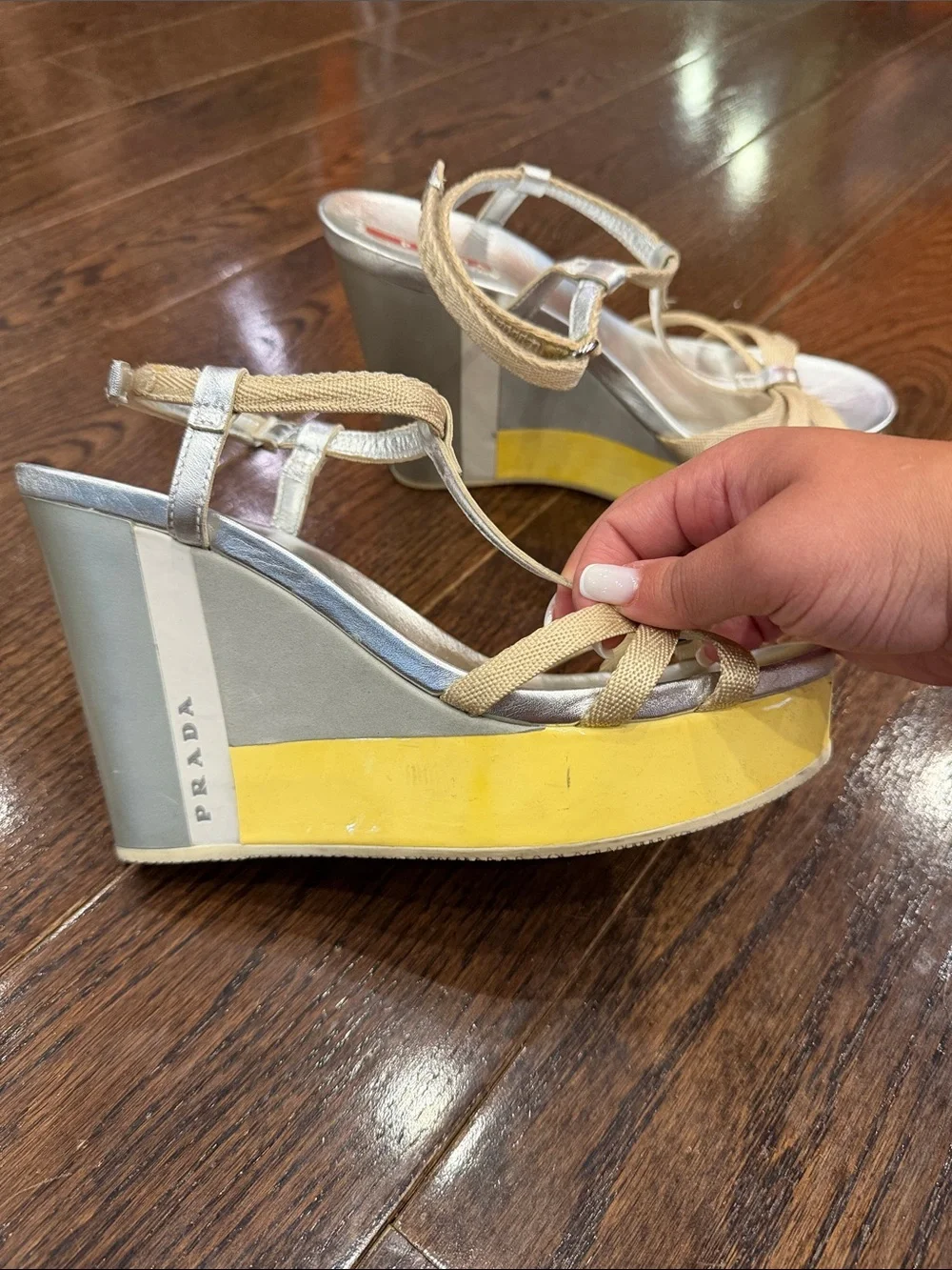 Prada Beige and Silver Platform T-Strap Sandals with Yellow Sole